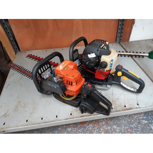 351 - TWO PETROL HEDGE TRIMMERS ONE BLACK AND ORANGE FLYMO HTL 480 WITH 19