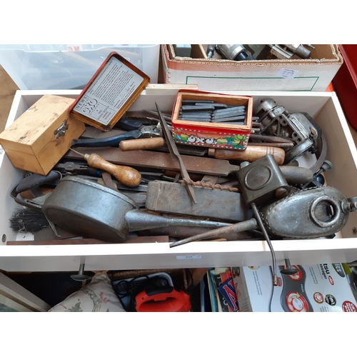 379 - THREE MIXED BOXES CONTAINING UNUSUAL VINTAGE OIL CANS, LETTER PUNCHERS, WOODEN HANDLED FILES, SMALL ... 