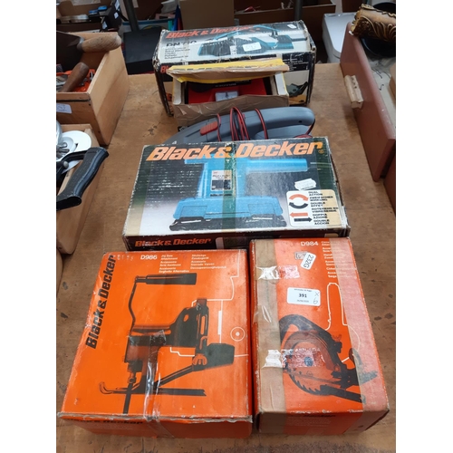 391 - SIX ITEMS ITEMS TO INCLUDE A BOXED BLACK & DECKER DN710 ELECTRIC PLANER, DUAL ACTION FLATBED SANDER,... 