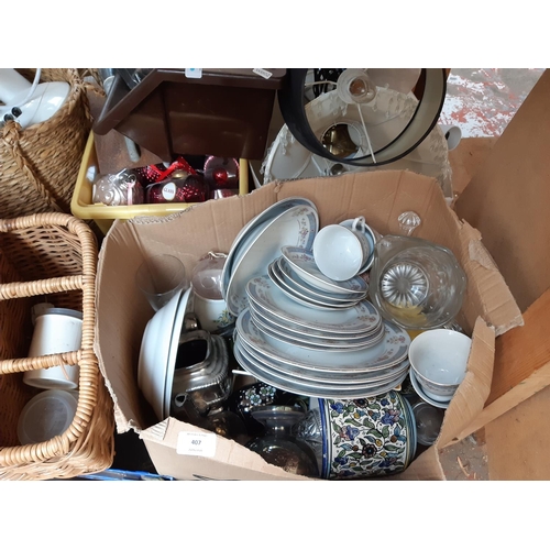 407 - A LARGE MIXED CLEARANCE LOT TO INCLUDE POTTERY, ELECTRICAL ITEMS, WICKERWARE, GLASSWARE, PINE COFFEE... 