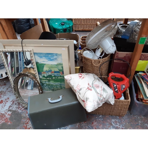 407 - A LARGE MIXED CLEARANCE LOT TO INCLUDE POTTERY, ELECTRICAL ITEMS, WICKERWARE, GLASSWARE, PINE COFFEE... 