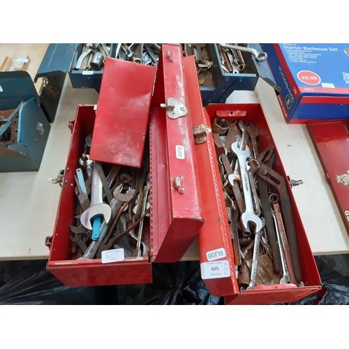 425 - TWO RED METAL TOOL BOXES CONTAINING RECORD 12