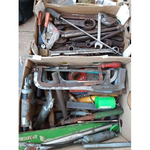 456 - SIX MIXED BOXES CONTAINING SPANNERS, ECLIPSE HACKSAW, LARGE RATCHET STRAPS, FILES ETC.