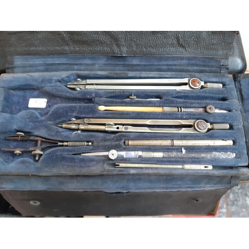 97 - A LARGE COLLECTION OF LEATHER CASED PRECISION TOOLS TO INCLUDE JAYWESS SET, MEISEL AND SOHN ETC.