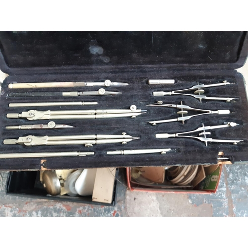 97 - A LARGE COLLECTION OF LEATHER CASED PRECISION TOOLS TO INCLUDE JAYWESS SET, MEISEL AND SOHN ETC.