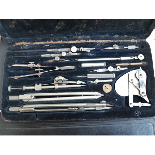 97 - A LARGE COLLECTION OF LEATHER CASED PRECISION TOOLS TO INCLUDE JAYWESS SET, MEISEL AND SOHN ETC.