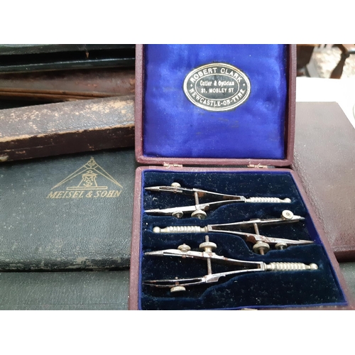 97 - A LARGE COLLECTION OF LEATHER CASED PRECISION TOOLS TO INCLUDE JAYWESS SET, MEISEL AND SOHN ETC.