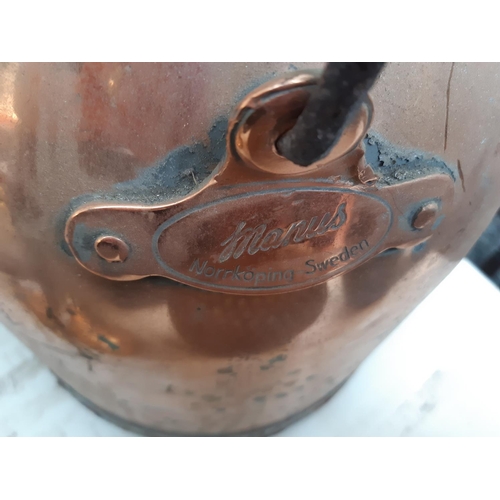 98 - A VINTAGE SWEDISH MANUS COPPER MILK CHURN TOGETHER WITH TWO VICTORIAN COPPER FUNNELS