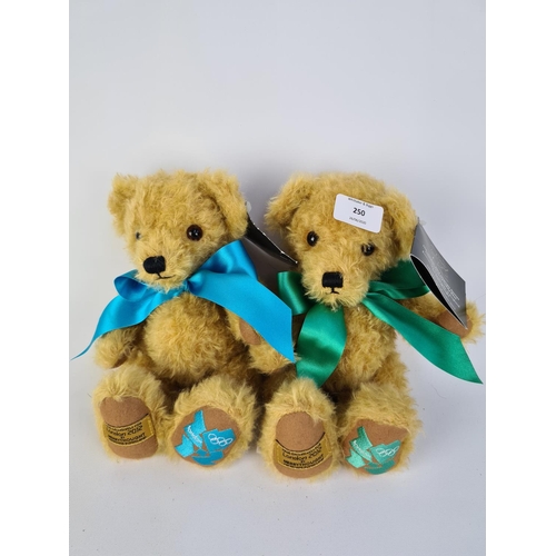 250 - A PAIR OF MERRYTHOUGHT LONDON 2012 OLYMPIC GAMES COMMEMORATIVE TEDDY BEARS - ONE WITH GREEN RIBBON A... 