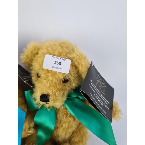 250 - A PAIR OF MERRYTHOUGHT LONDON 2012 OLYMPIC GAMES COMMEMORATIVE TEDDY BEARS - ONE WITH GREEN RIBBON A... 