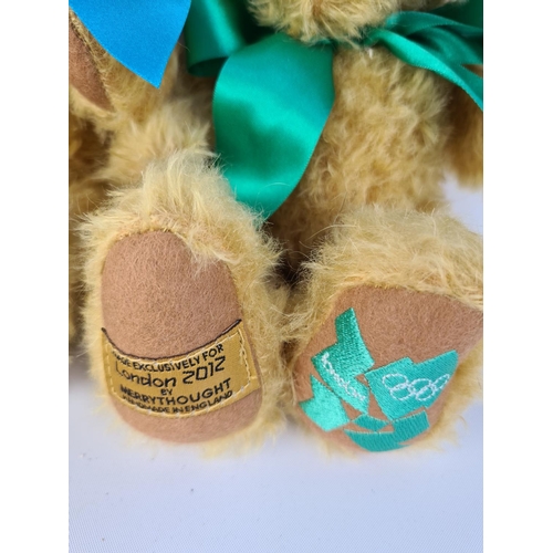 250 - A PAIR OF MERRYTHOUGHT LONDON 2012 OLYMPIC GAMES COMMEMORATIVE TEDDY BEARS - ONE WITH GREEN RIBBON A... 