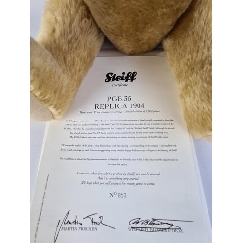 259 - A STEIFF 403026 PGB 35 REPLICA 1904 LIMITED EDITION 863 OF 1904 DARK BLONDE TEDDY BEAR WITH ORIGINAL... 