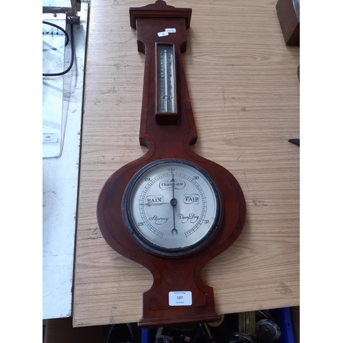 137 - A EARLY 20TH CENTURY INLAID MAHOGANY BAROMETER AND THERMOMETER