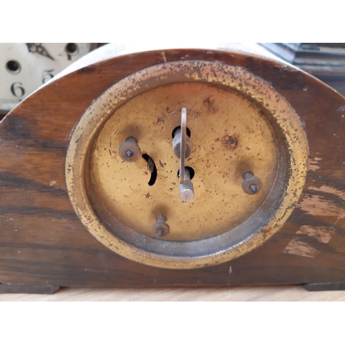 140 - THREE CLOCKS TO INCLUDE AN INLAID MAHOGANY DOME TOPPED MANTLE CLOCK WITH 8 DAY MOVEMENT, AN OAK CASE... 