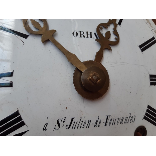 141 - AN ANTIQUE ORHAND WEIGHT DRIVEN CHIMING CLOCK TITLED A.S.T. GULIEN-DE-VOUVANTES WITH WHITE ENAMEL FA... 