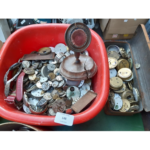 148 - TWO BOXES CONTAINING A LARGE QUANTITY OF POCKET WATCH AND WRISTWATCH ENAMEL DIALS AND MOVEMENTS