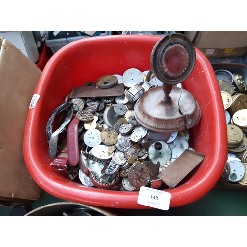 148 - TWO BOXES CONTAINING A LARGE QUANTITY OF POCKET WATCH AND WRISTWATCH ENAMEL DIALS AND MOVEMENTS