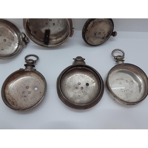 150 - A BOX CONTAINING SEVEN ENGLISH HALLMARKED SILVER POCKET WATCH CASES TO INCLUDE BIRMINGHAM, LONDON ET... 