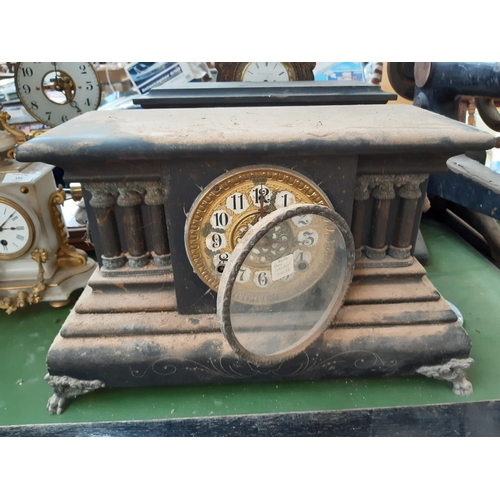 156 - THREE VICTORIAN CLOCKS TO INCLUDE A FRENCH BREGUET A PARIS MANTLE CLOCK WITH WELL DETAILED BRASS PIE... 