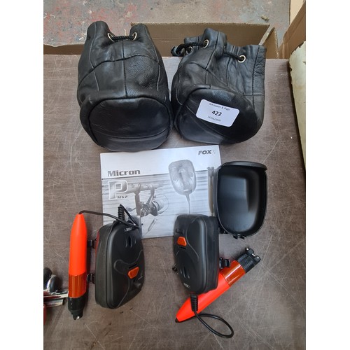 422 - A PAIR OF FOX MICRON P MKII FISHING ALARMS WITH COVERS AND BATTERIES, SUPPLIED WITH LEATHER POUCHES ... 