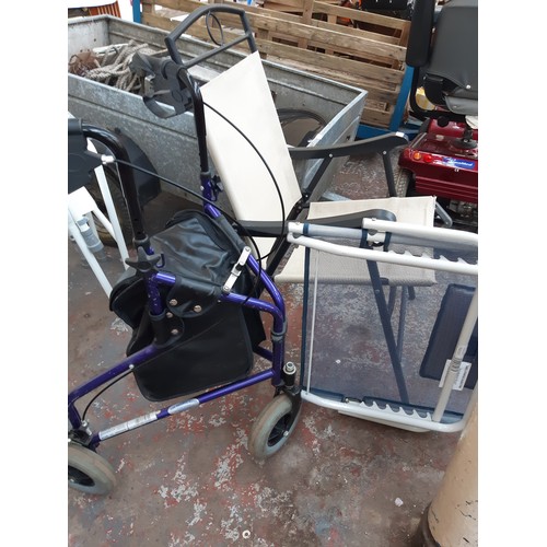 291A - THREE ITEMS TO INCLUDE A BLUE AIDAPT THREE WHEELED WALKING AID WITH BRAKES, A BLACK AND BEIGE FOLDIN... 