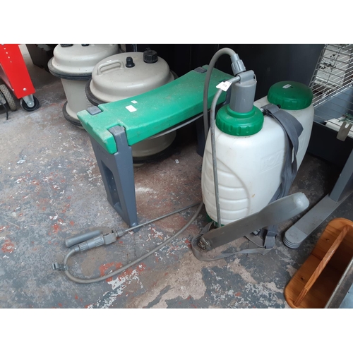 218 - TWO ITEMS TO INCLUDE A HOZELOCK BACKPACK PRESSURE SPRAYER AND A GARDEN KNEELING STOOL