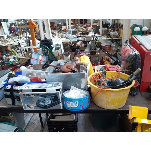 225 - A LARGE MIXED LOT OF BOXES AND BUCKETS CONTAINING HAND DRILL, COPPER PIPE FITTINGS, GORDON SPANNER, ... 