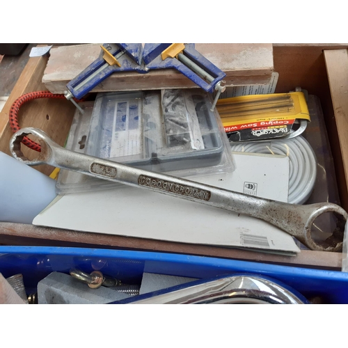 225 - A LARGE MIXED LOT OF BOXES AND BUCKETS CONTAINING HAND DRILL, COPPER PIPE FITTINGS, GORDON SPANNER, ... 