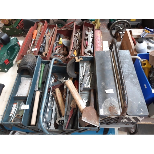 226 - THREE METAL CANTILEVER TOOL BOXES CONTAINING KING DICK, STANLEY AND SUPER SLIM SPANNERS, ROEBUCK BRI... 