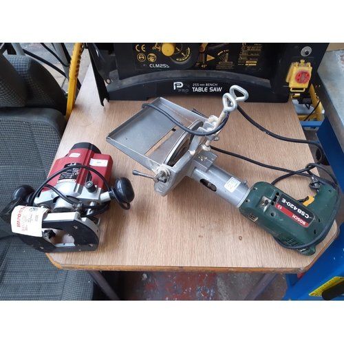 297 - TWO ITEMS TO INCLUDE A RED POWERDEVIL 850W ROUTER AND A GREEN BOSCH CSB 420-E ELECTRIC DRILL WITH WO... 