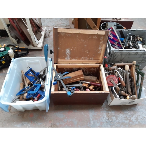 308 - THREE BOXES OF GOOD QUALITY HAND TOOLS TO INCLUDE CLIPPER HAND DRILL, STANLEY RATCHET SCREWDRIVER, H... 
