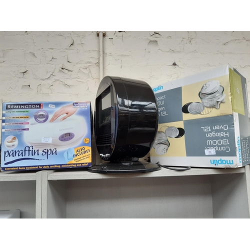 351 - THREE ITEMS TO INCLUDE A BOXED MAPLIN 1300W COMPACT HALOGEN OVEN, BLACK DUNELM ELECTRIC HEATER AND A... 