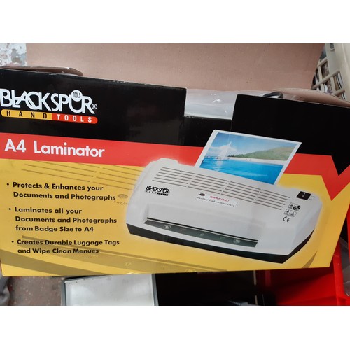 203 - A LARGE MIXED LOT TO INCLUDE BLACKSPUR A4 LAMINATOR, NEW LIGHT BULBS, NEW POWERFIX 1/2