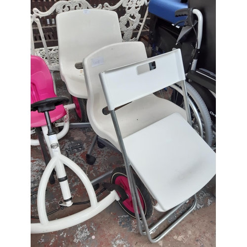 10 - THREE ITEMS TO INCLUDE TWO WHITE OFFICE SWIVEL CHAIRS AND ONE WHITE FOLDING CHAIR