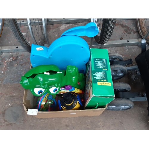 8 - THREE ITEMS TO INCLUDE AN AS NEW BLACK MASSAGER CHAIR, KOOCHIKU SMALL FOLDING PUSHCHAIR AND A BOX CO... 