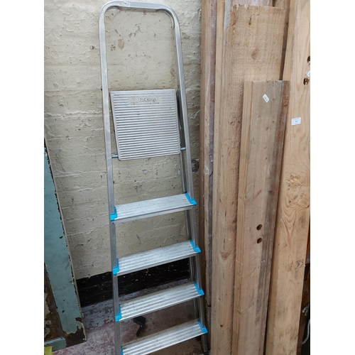 112 - TWO SETS OF FIVE TREAD ALUMINIUM STEP LADDERS TO INCLUDE ONE BELDRAY AND ONE OTHER