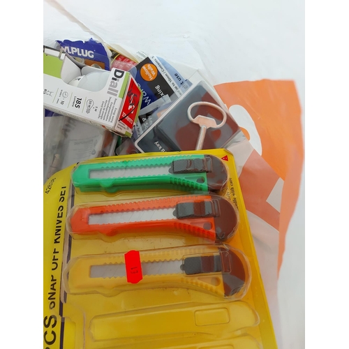 123 - TWO MIXED BOXES CONTAINING SAINSBURY MULTI-TOOL, NEW PENS, PENCILS, SHARPIES, CASED BEAUTY WORKS EXE... 