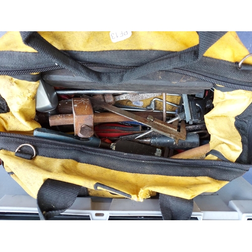 165 - A JCB TOOL BAG AND A STANLEY TOOL BOX CONTAINING DRILL BITS, WOOD CHISELS, DRAPER ADJUSTABLE SPANNER... 