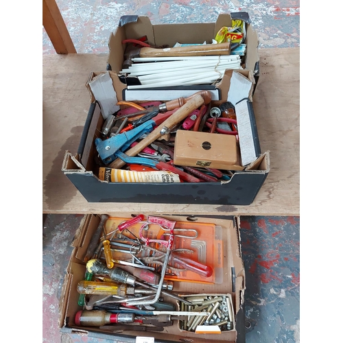 178 - THREE BOXES CONTAINING HAMMERS, PLIERS, SCREWDRIVERS, POT RIVET GUN ETC.