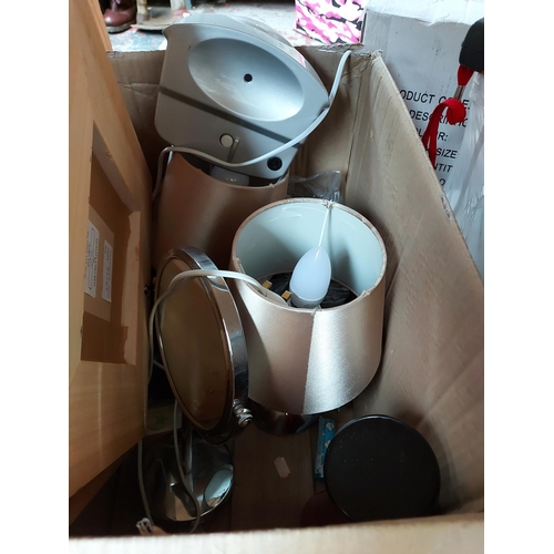 179 - A MIXED LOT TO INCLUDE CHROME BATHROOM CABINET, PICTURES, TABLE LAMPS, PLASTIC STORAGE CABINET, BOXE... 