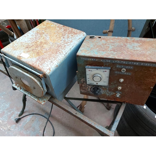 42A - THREE ITEMS TO INCLUDE A METAL AND WROUGHT IRON RECTANGULAR TABLE BASE, AN EFCO 170KF ELECTRIC KILN ... 