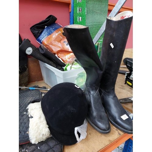 66 - A LARGE QUANTITY OF HORSE TACK TO INCLUDE JUST TOGS RIDING HAT, FOREVER SIZE 11 BOOTS, BRIDALS, BITS... 