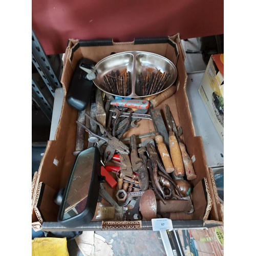 97 - A BOX CONTAINING VARIOUS VINTAGE TOOLS TO INCLUDE STONE CHISELS, PLIERS, SPANNERS ETC.