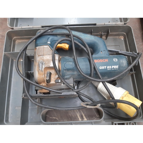 195 - A CASED BLUE BOSCH GST85PBE 110V JIGSAW