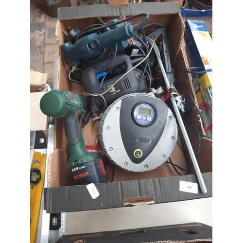 208 - A BOX CONTAINING BLACK & DECKER KA175 FLATBED SANDER, GREEN BOSCH PSB24VE2 24V CORDLESS DRILL, POWER... 