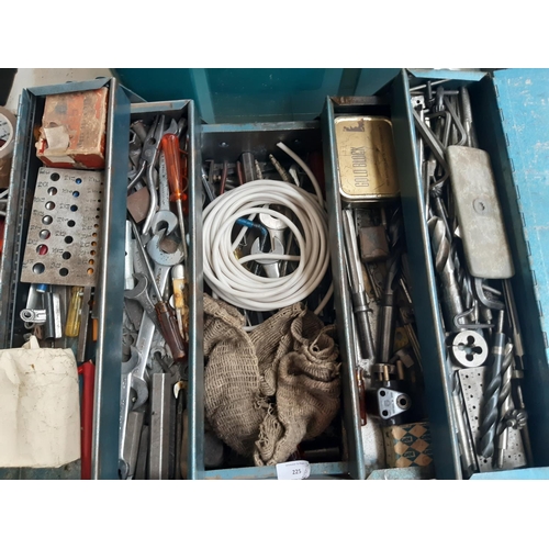 225 - THREE ITEMS TO INCLUDE A BLUE METAL CANTILEVER TOOL BOX CONTAINING DRILL BITS, ALAN KEYS, SPANNERS, ... 