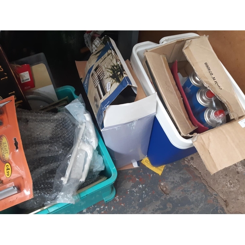 234 - A LARGE MIXED LOT TO INCLUDE SIZE 11 MOTORCYCLE BOOTS, TIN SNIPS, DECORATING ITEMS, CAMPING GAS CYLI... 