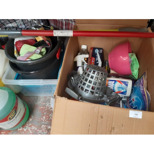 236 - A MIXED LOT TO INCLUDE CLEANING PRODUCTS, BUCKETS, MOPS ETC.