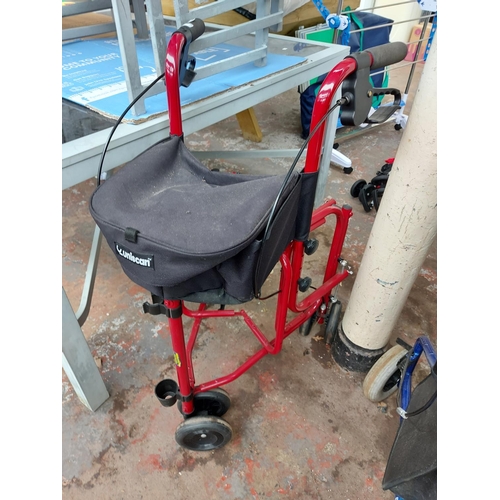 270 - A red Uniscan three wheeled walking aid with brakes