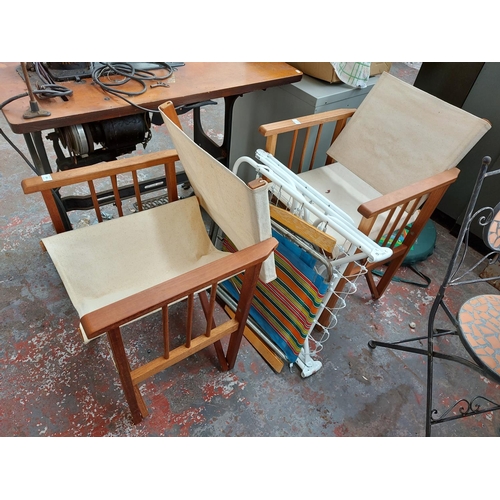 288 - Four items to include two good quality teak wood folding directors chairs with cream upholstery, a v... 